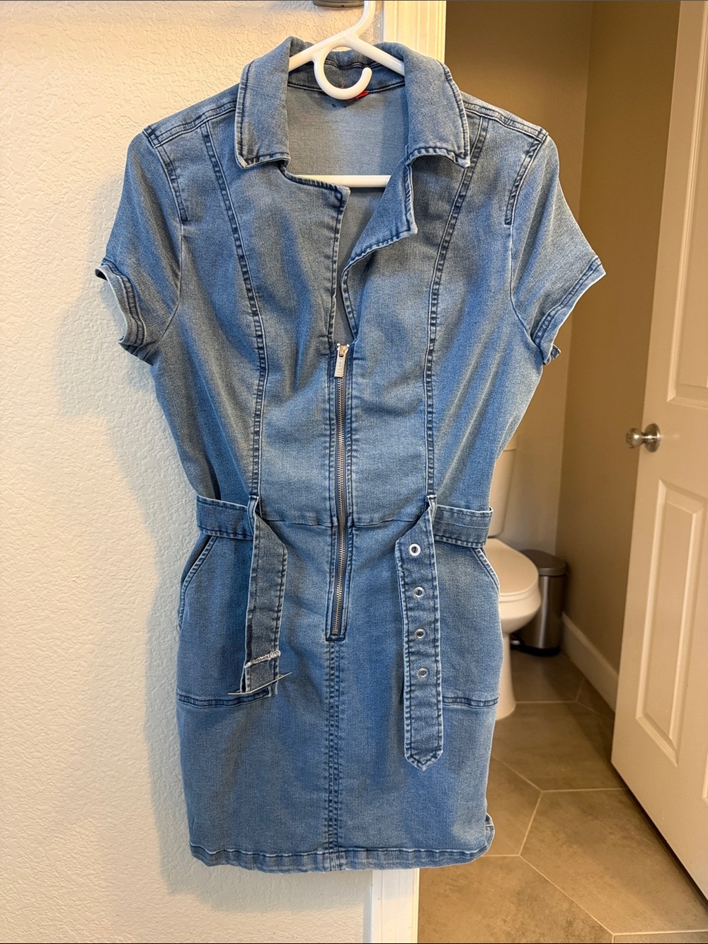 Guess Denim Zip-Front Short Sleeve Mini Dress - Blue